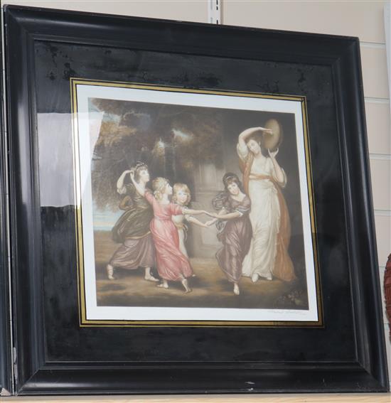 Four assorted colour mezzotints, largest 50 x 38cm.